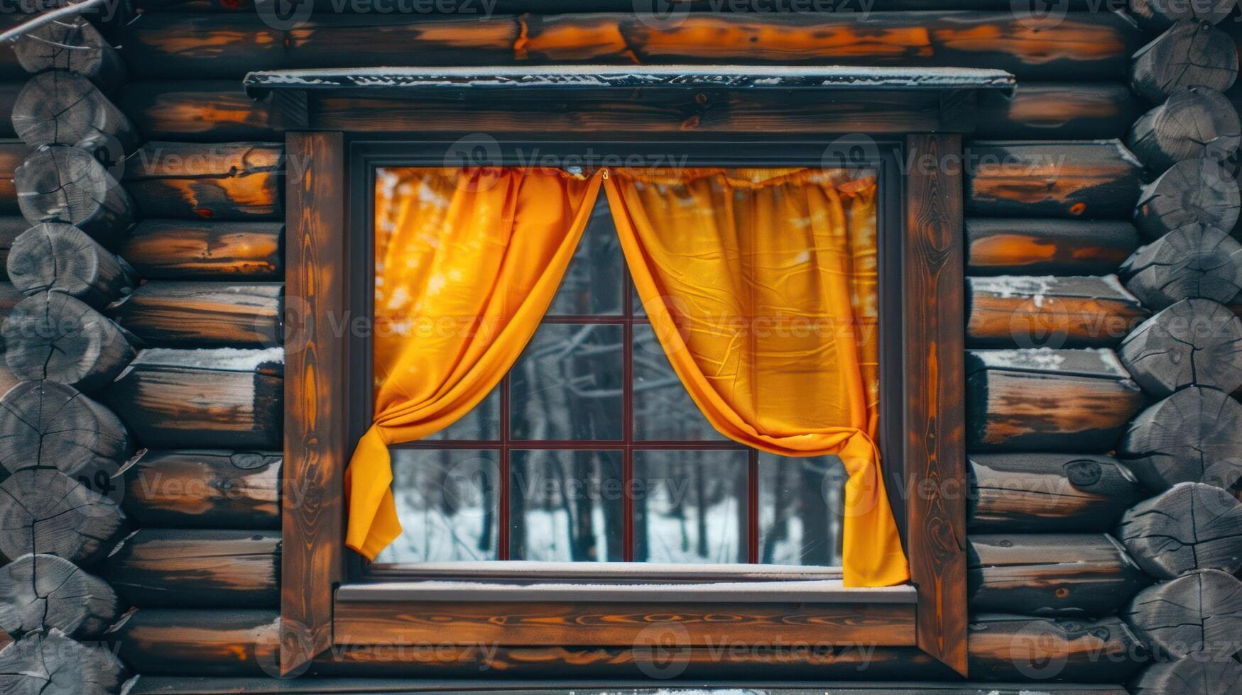 A window with yellow curtains in a log cabin. photo