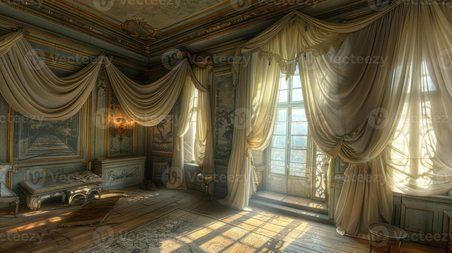 Sunbeams illuminate a luxurious room with ornate walls, draped curtains, and a plush bench. photo