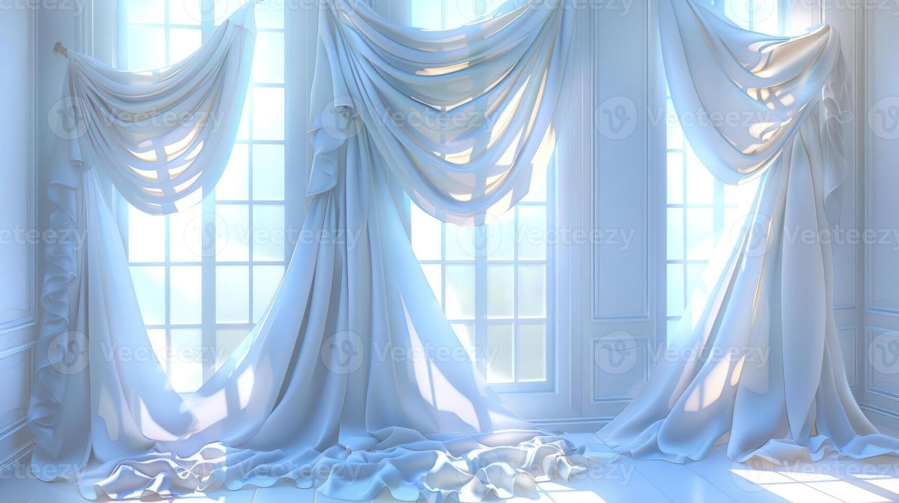 White curtains draped over large windows in a white room. photo