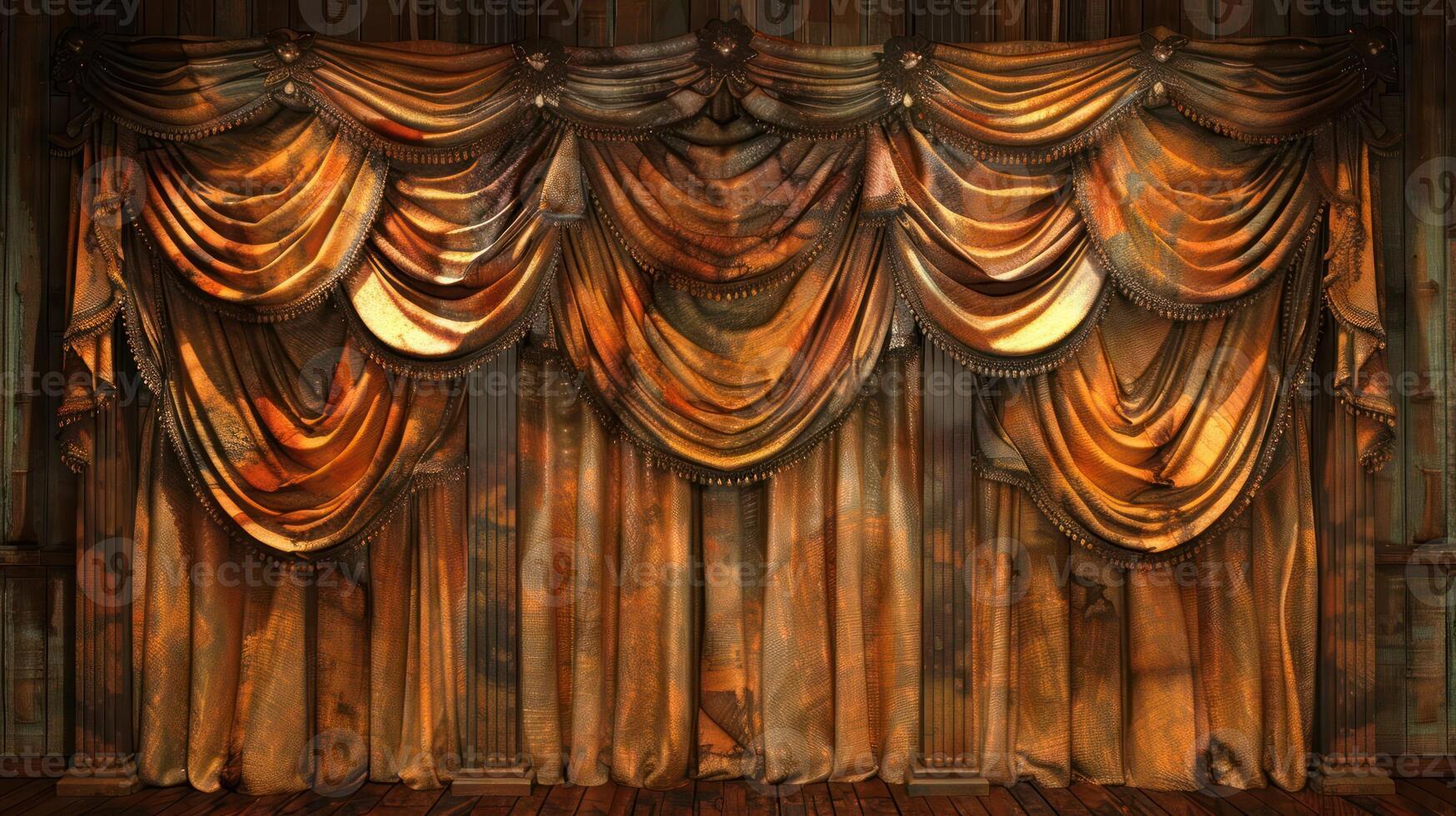 Golden stage curtains with decorative folds and embellishments. photo