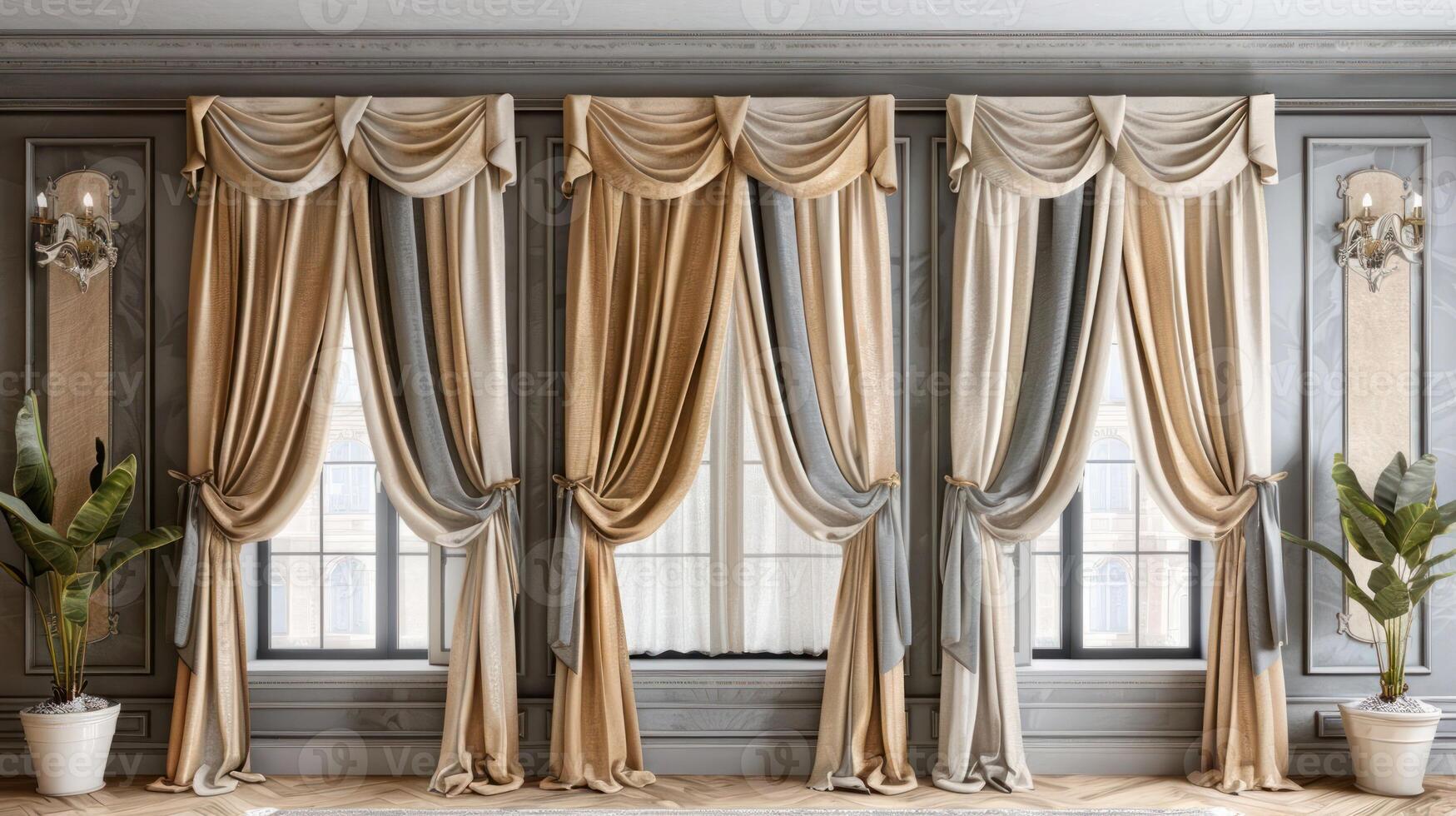 Elegant curtains in beige and gray tones with a traditional design. photo