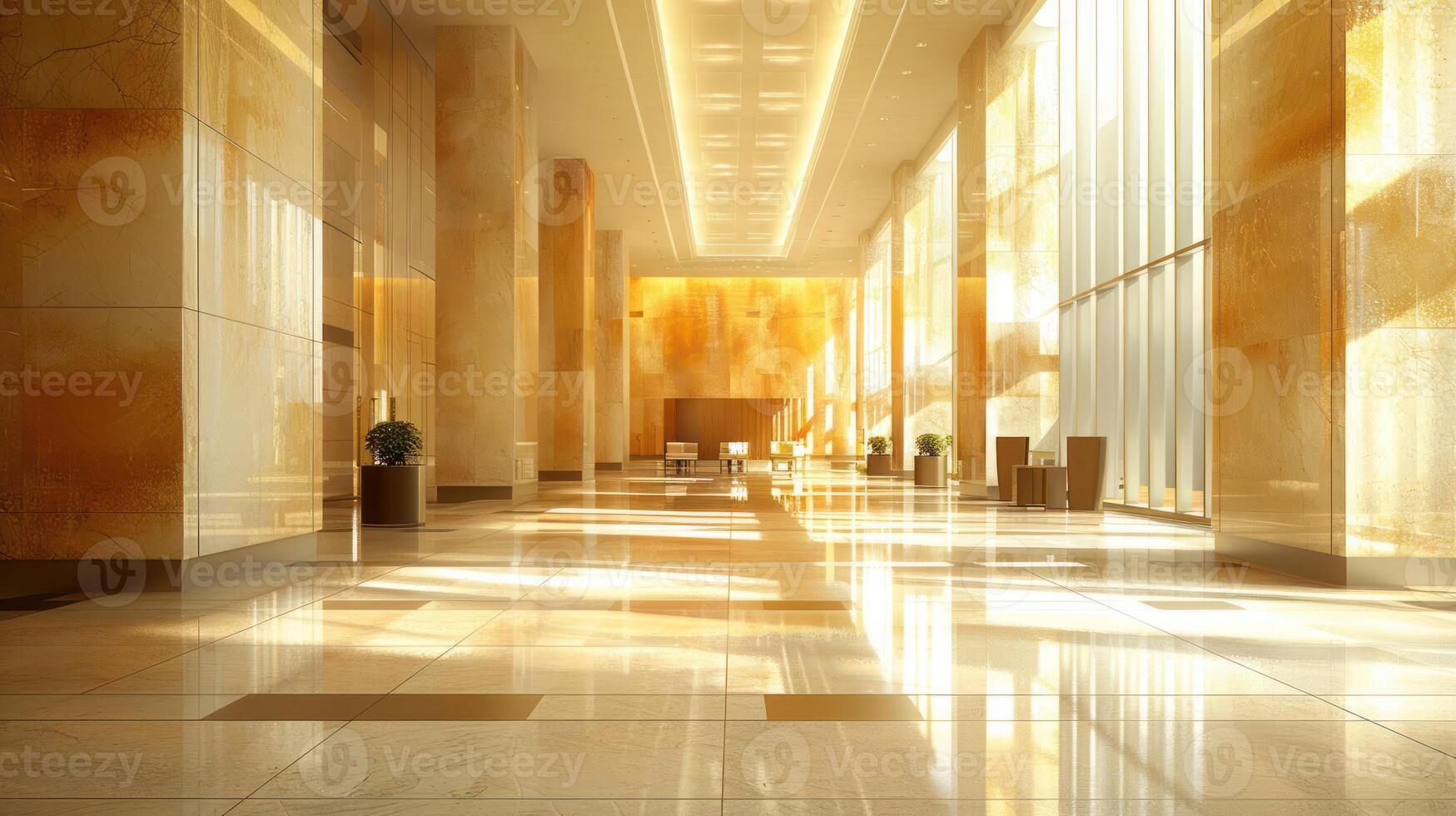 Modern office building lobby with marble walls, large windows, and sunlight streaming in. photo