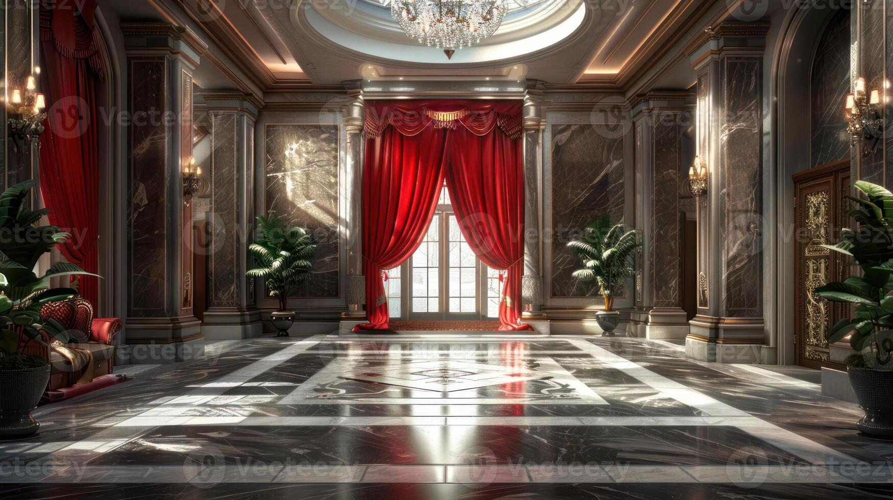 A grand, ornate entrance hall with red velvet curtains, marble floors, and a chandelier. photo