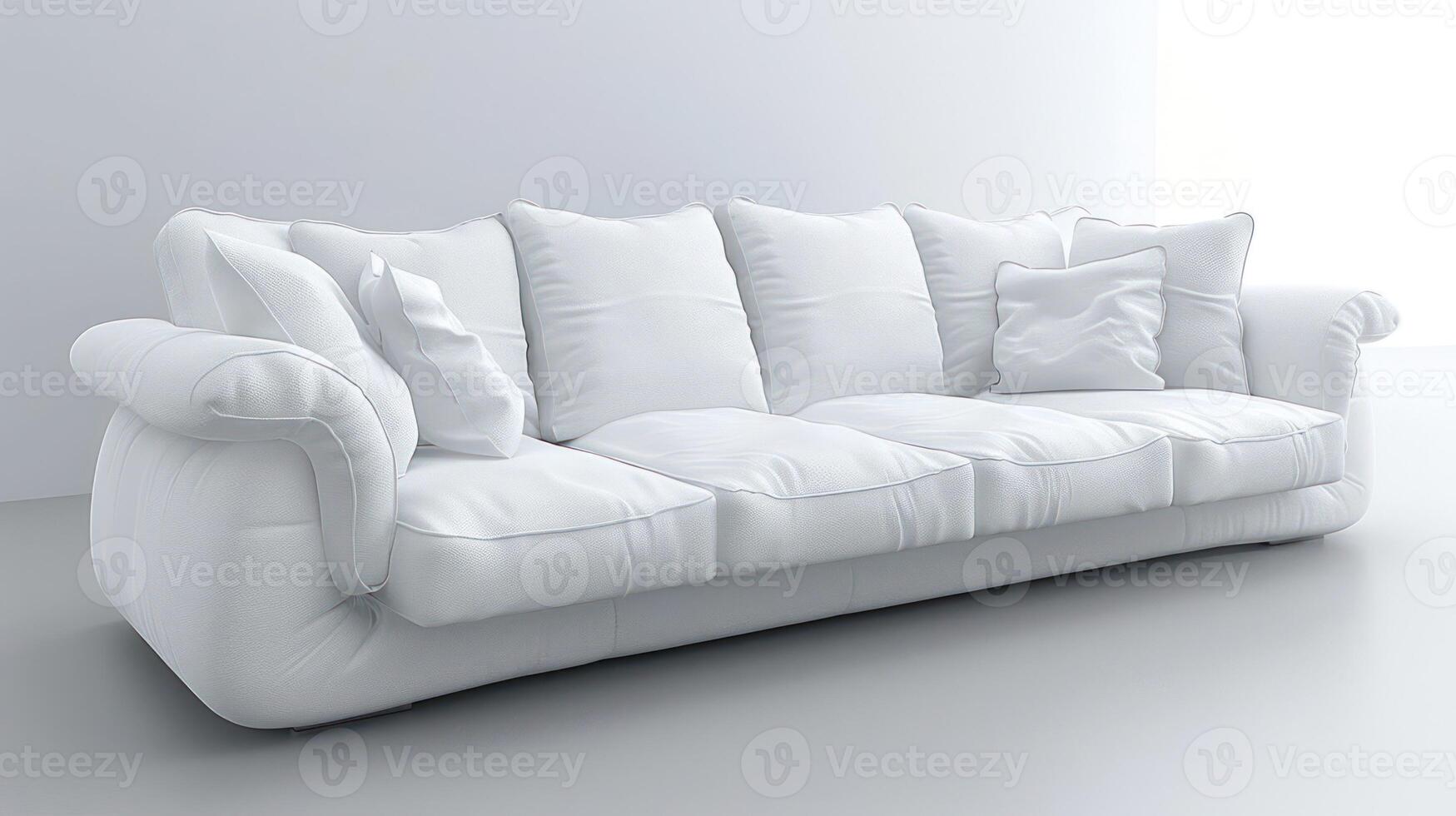 A white sofa with four pillows sits on a white floor against a white wall. photo