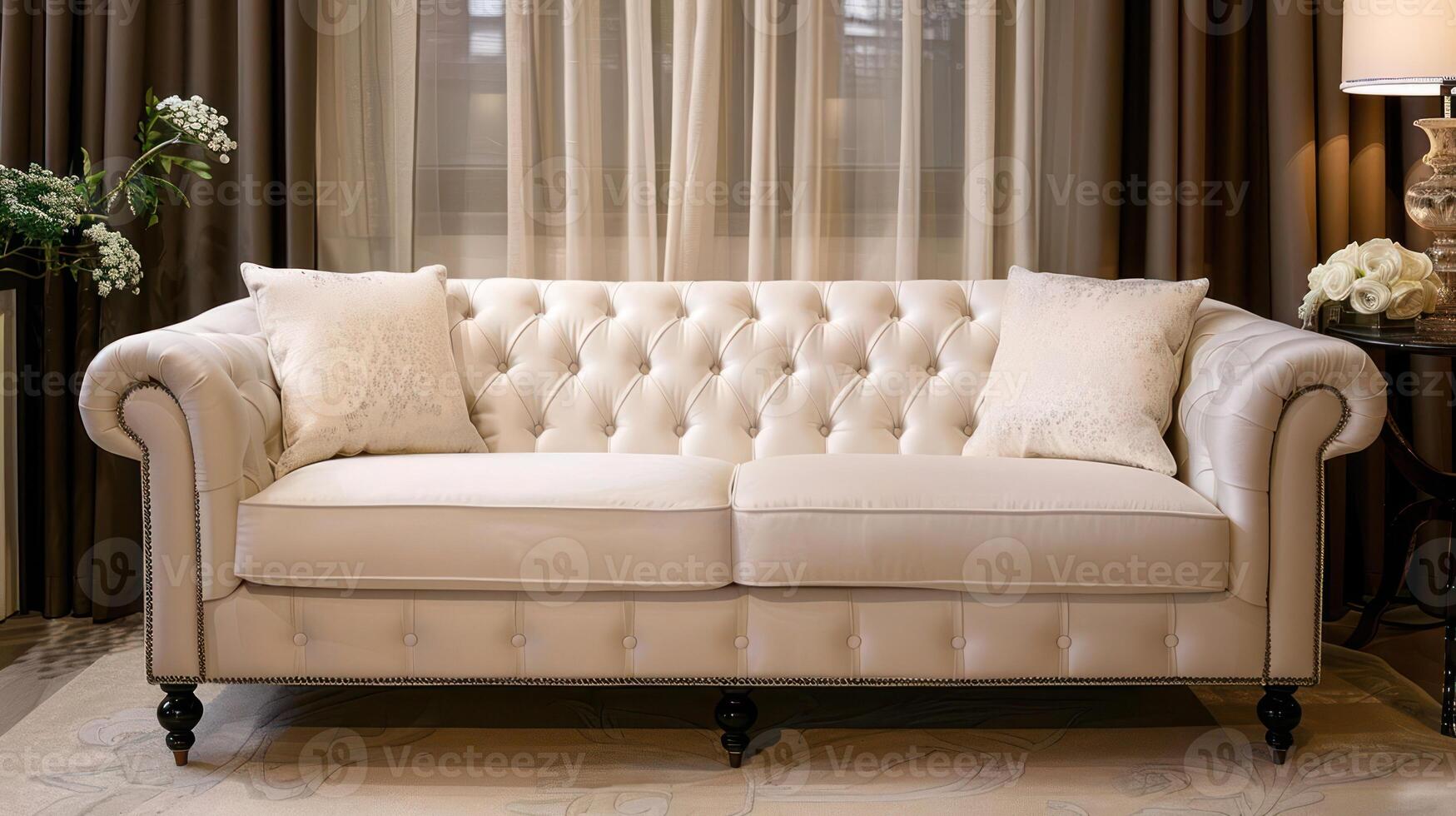 A white tufted sofa with two pillows, sits in front of a window with sheer curtains, in a living room setting. photo
