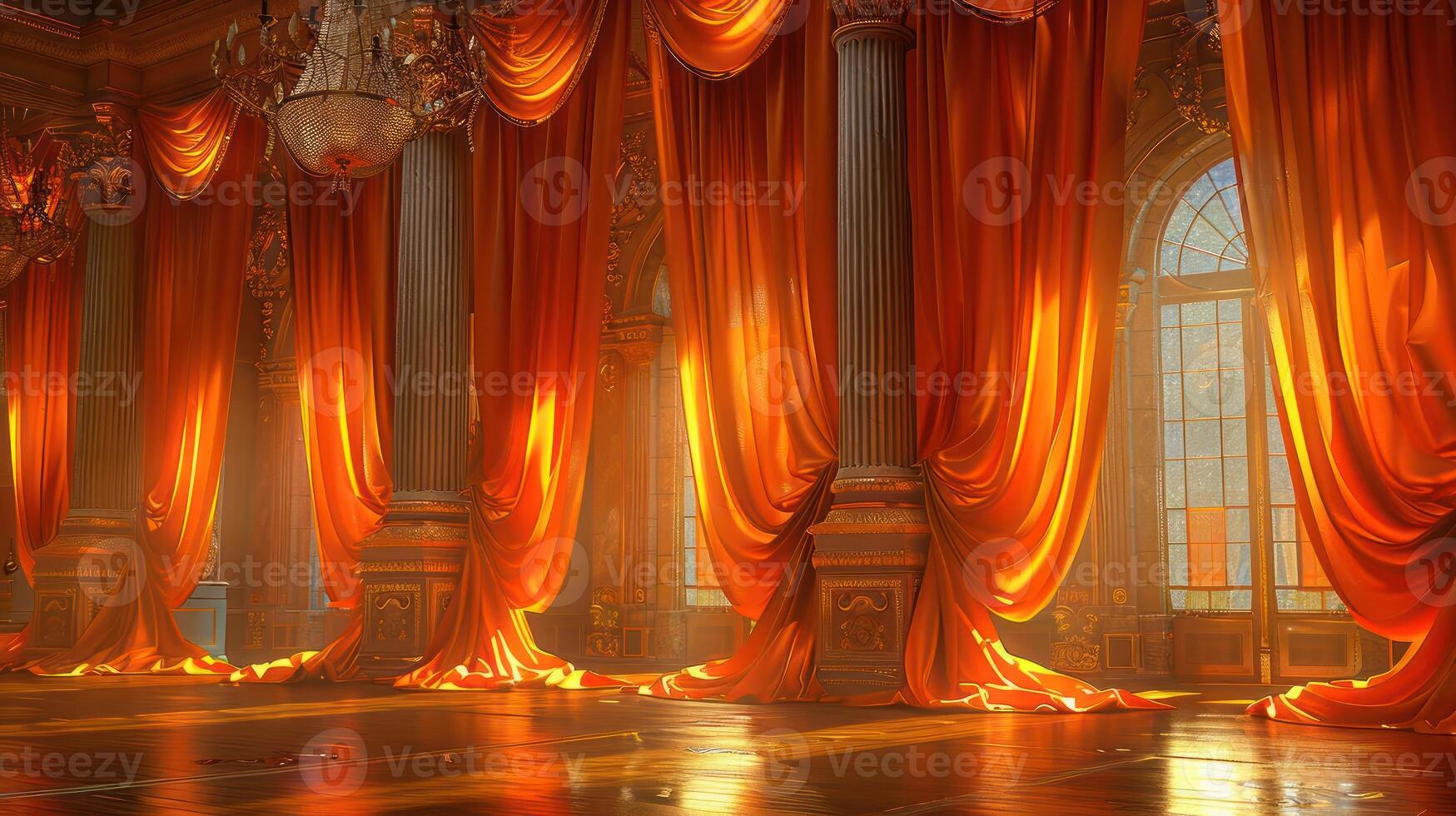 A grand ballroom with large windows and golden drapes. photo