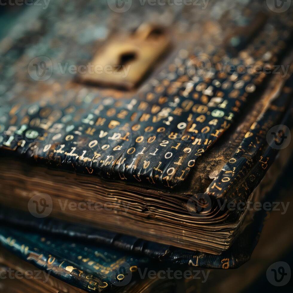 Ancient Locked Books Mystery Revealing Hidden Knowledge Symbols Codes Secrets Encryption photo