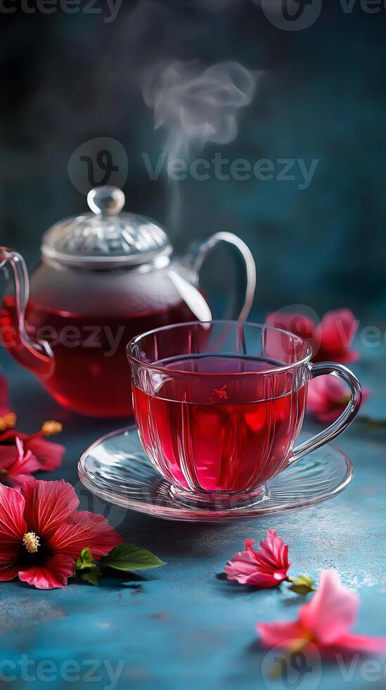 Elegant Hibiscus Tea Infusion with Floral Decorations on Vibrant Blue Background photo