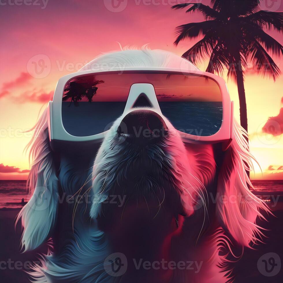 Cool Dog Sunglasses Sunset Beach Palm Trees Ocean Vibes photo