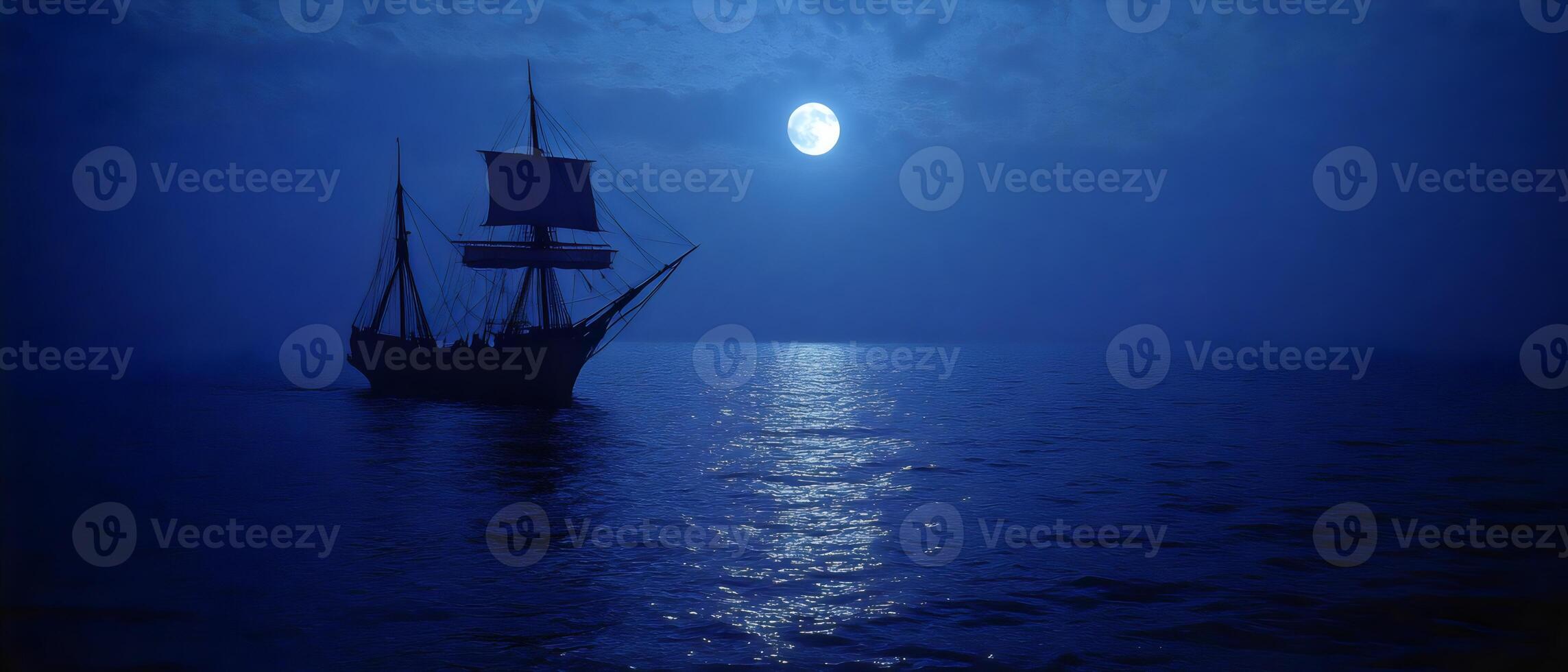 Mysterious Ship Sailing Under Glowing Moonlight Over Tranquil Waters Night photo