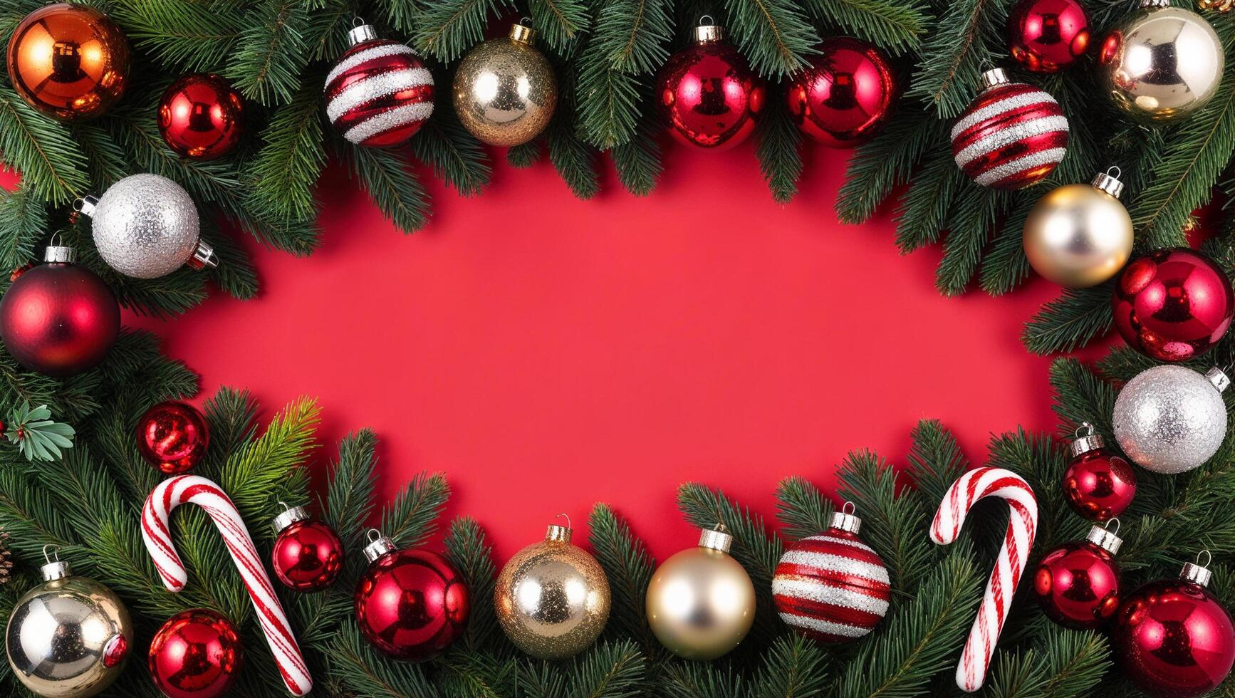 Christmas wreath with red and gold ornaments on a red background photo