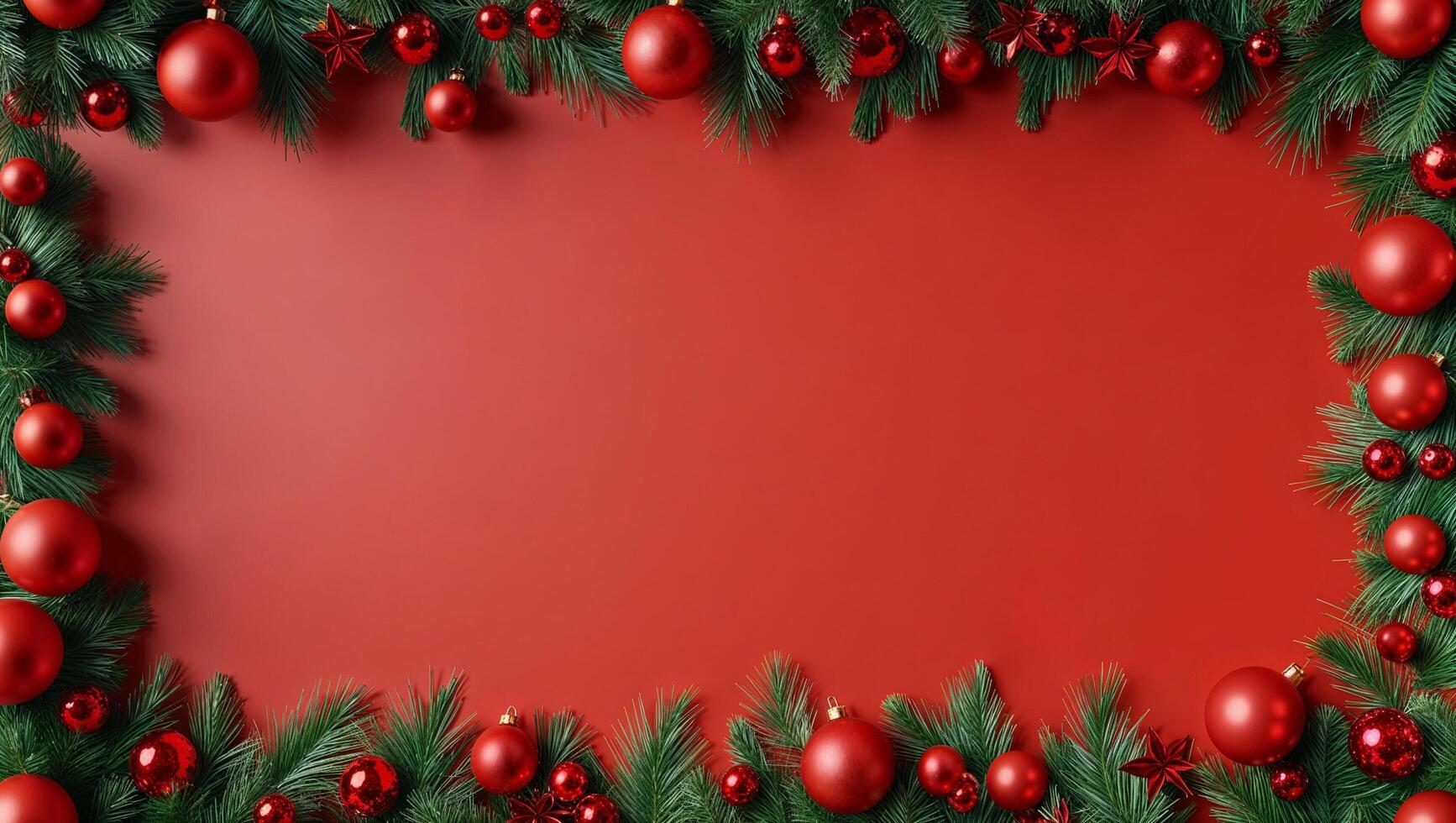 Christmas frame with red balls and fir branches on a red background photo