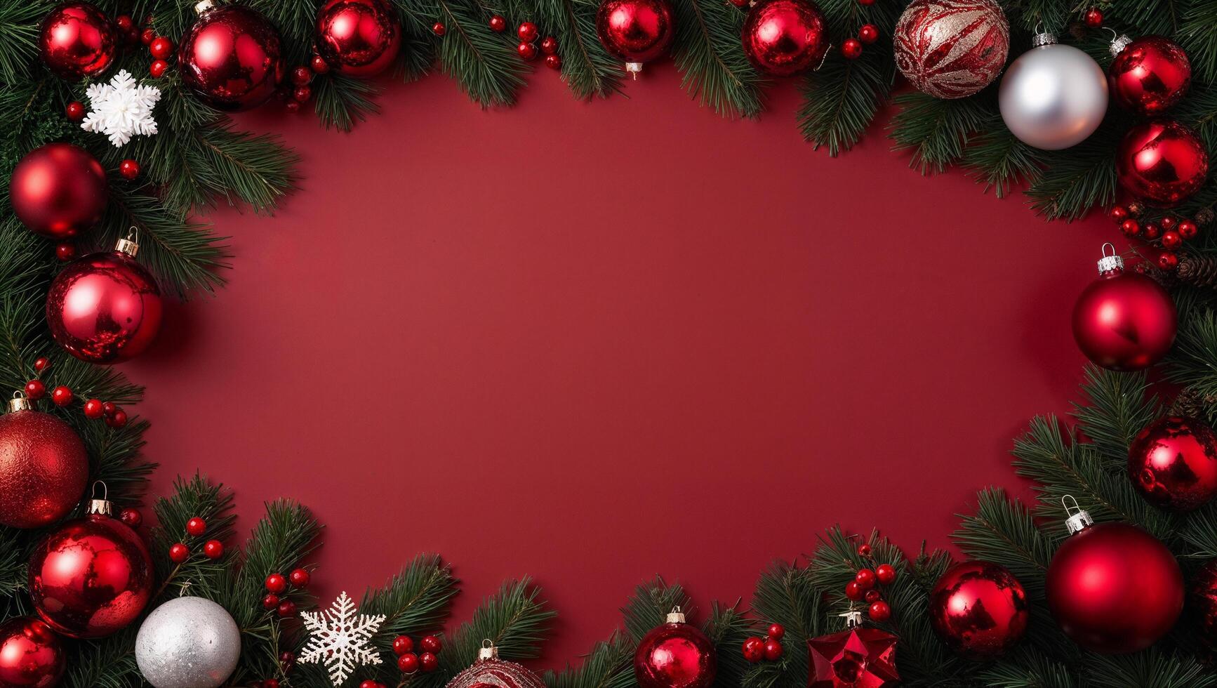 Christmas frame with red and silver balls on a red background photo