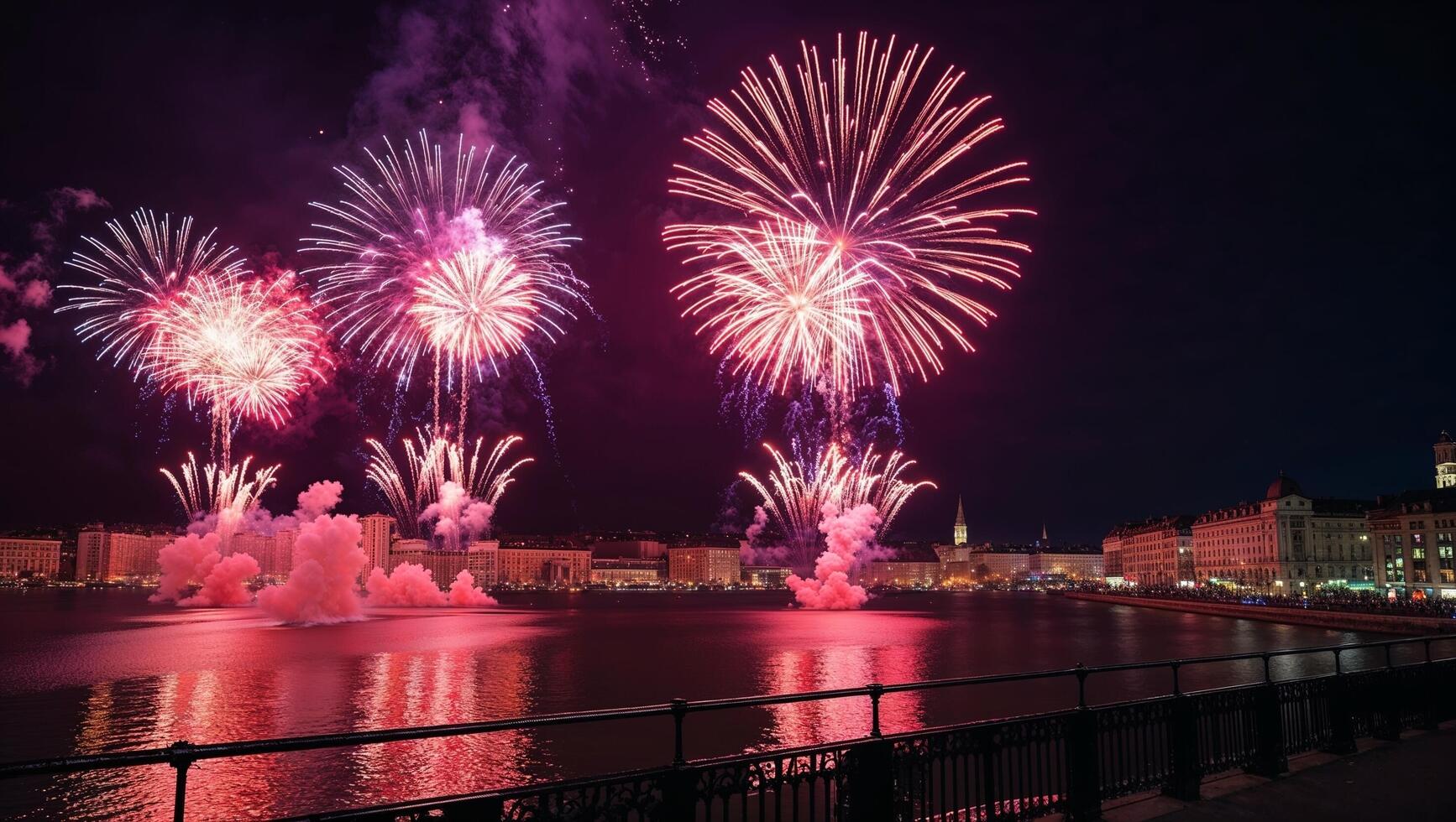 Fireworks over the water in front of a city photo