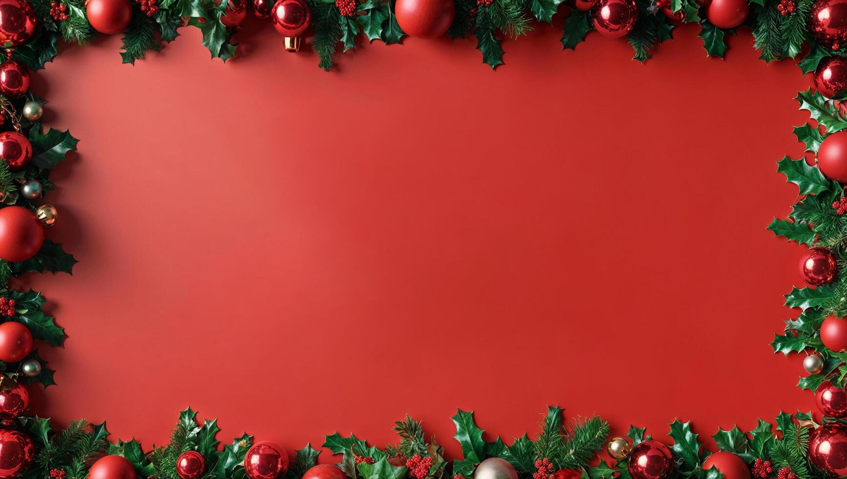 Christmas frame with red and silver balls on a red background photo