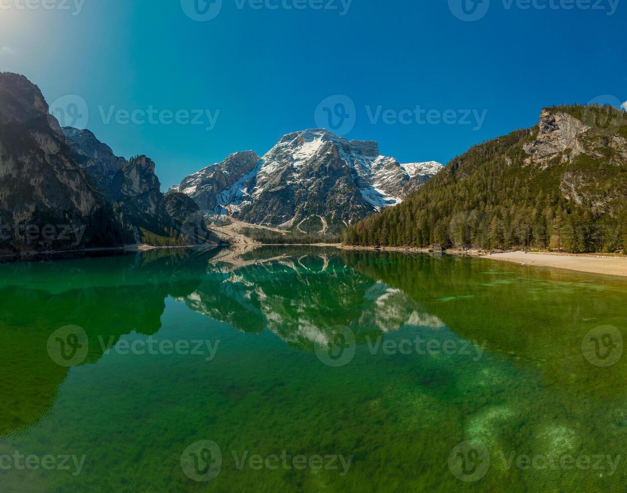 Lake Braies in Dolomite Alps photo