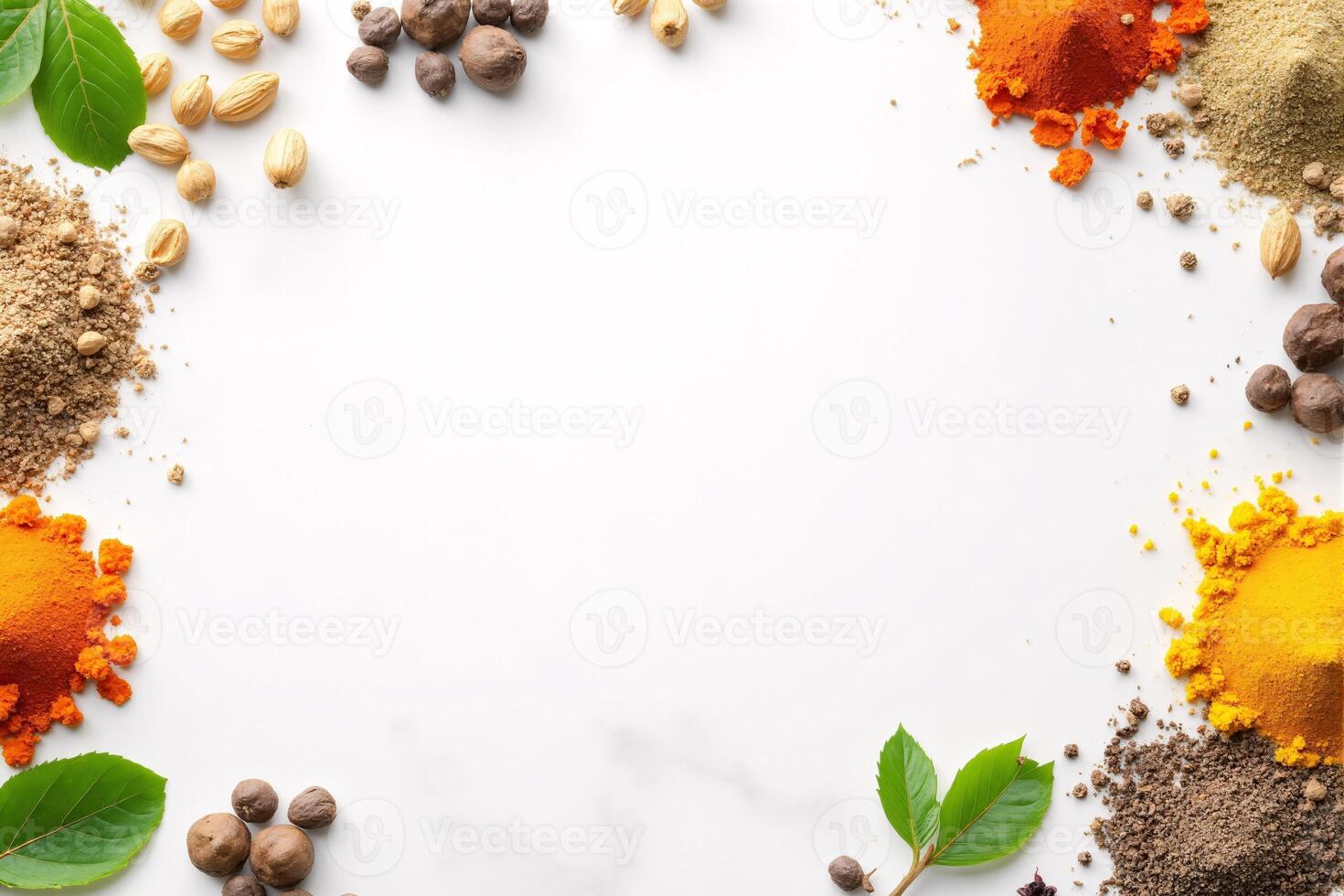 Spices and Herbs Border on White Background for Recipe Food Blog or Culinary Design photo
