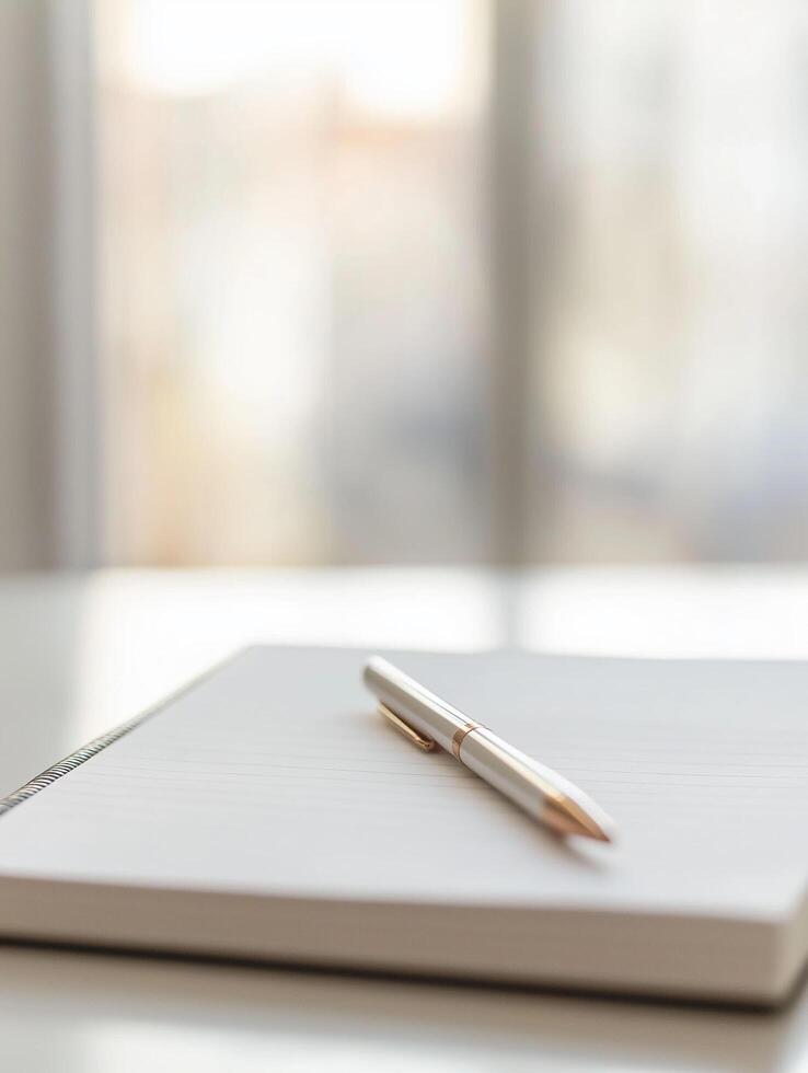 Photography with a serene workspace with a blank notebook, a cup of coffee, and greenery creating a tranquil atmosphere photo