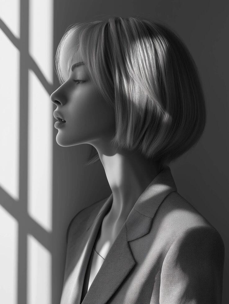 A Young Woman woman wearing a gray jacket woman standing near the window. Monochrom minimalistic photo with women's business concept