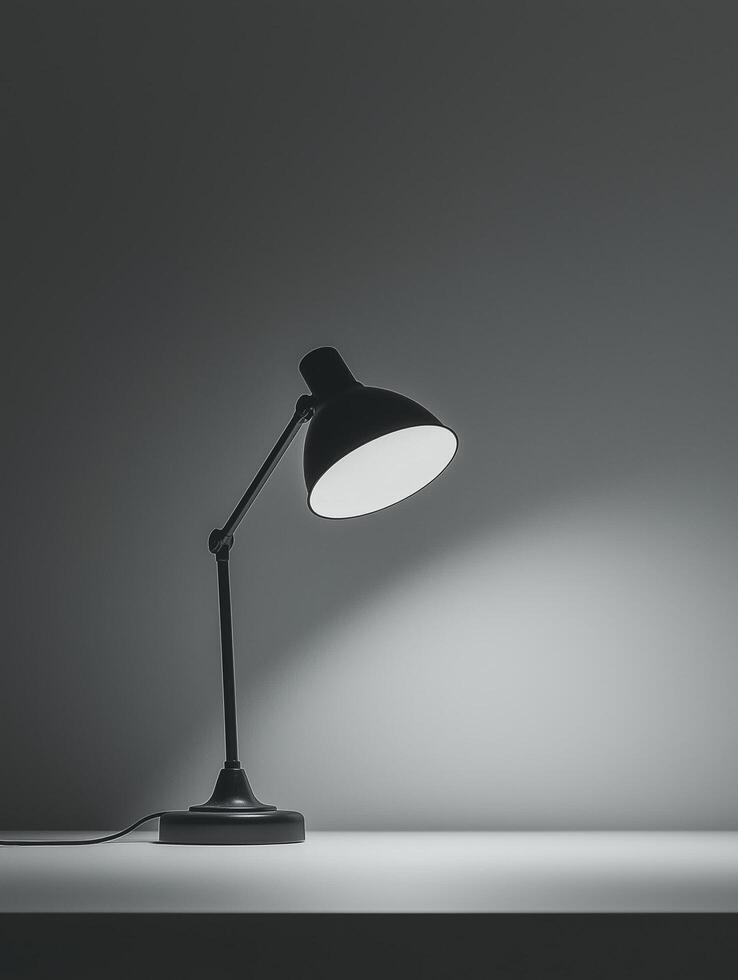 Monochrome photography with modern desk lamp gently casting soft shadows in a beautifully minimalist workspace environment photo