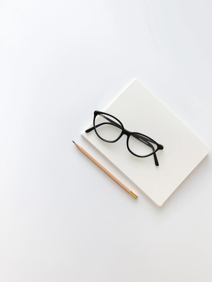 Photography with a minimalist workspace with a blank notebook, glasses and pencil creating a tranquil atmosphere photo