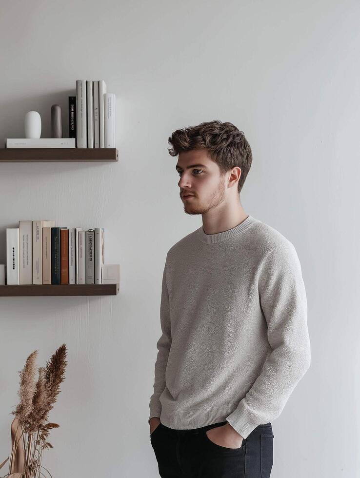 A Young Man Posed in a Minimalistic Indoor Setting, Surrounded by Thoughtful Decor and Elegance photo