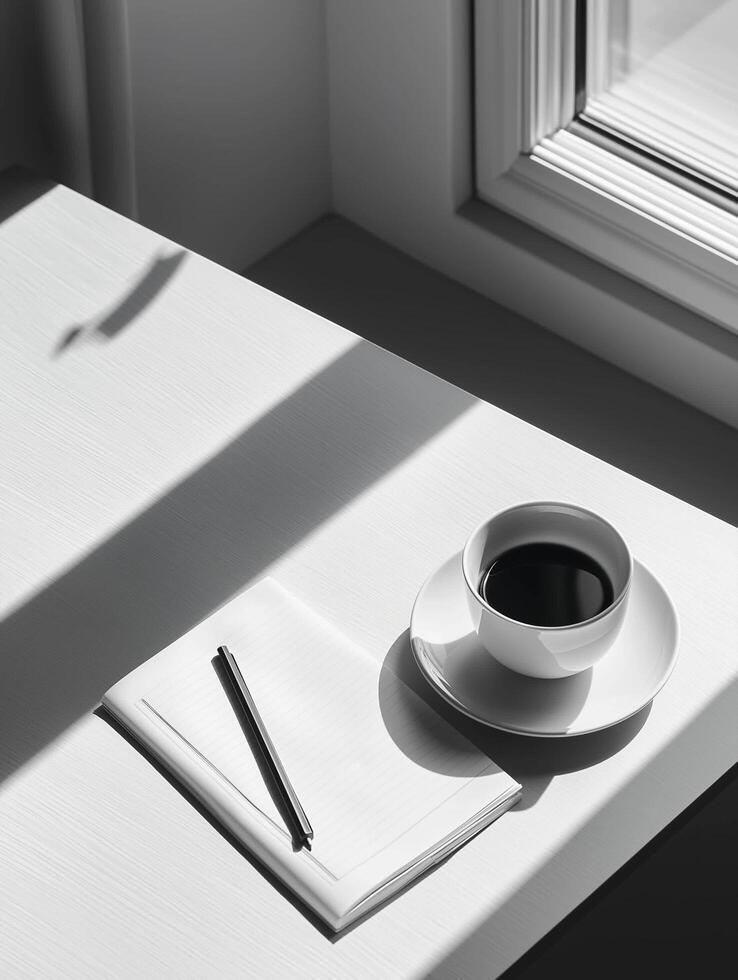 Photography with a serene workspace with a blank notebook, a cup of coffee, and greenery creating a tranquil atmosphere photo