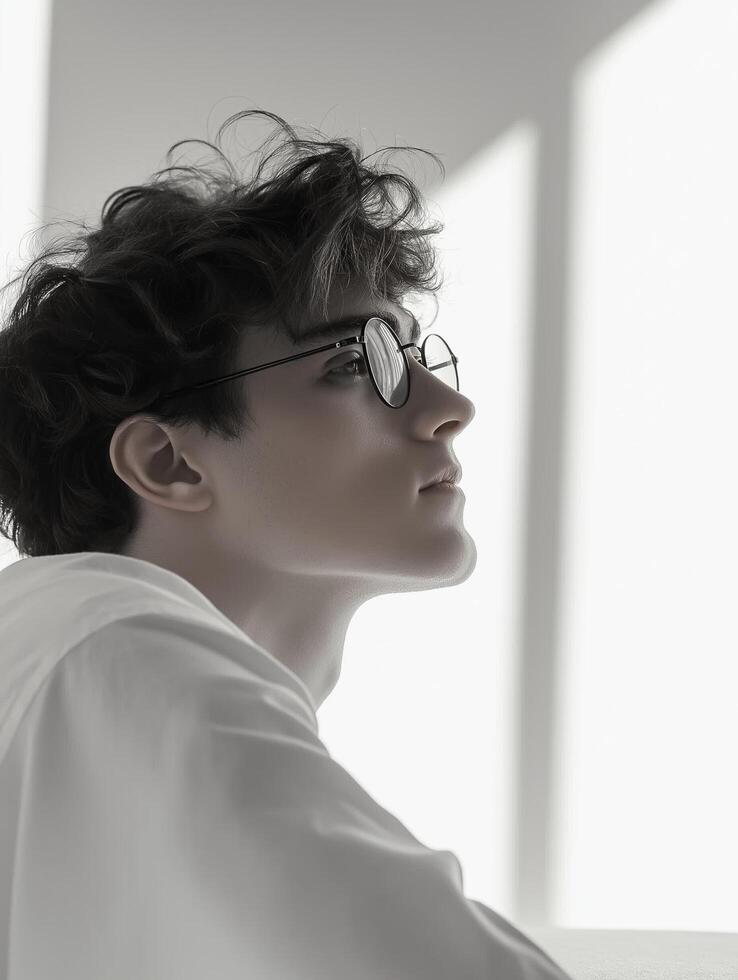 A Young Man in glasses a Minimalistic Indoor Setting, Surrounded by Thoughtful Decor and Elegance photo