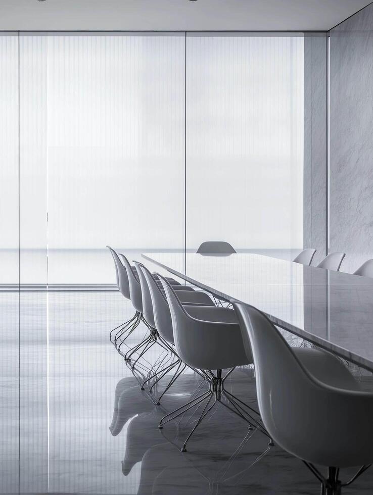 Conference room with chairs, table, window and writing board. Concept od business, marketing, modern office photo