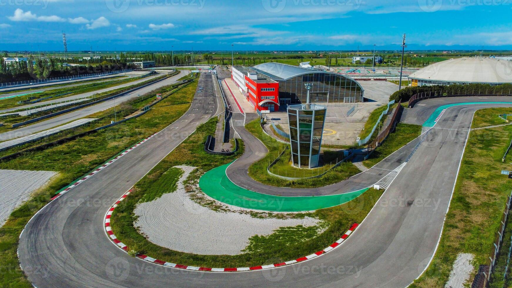 Adria racing circuit in Italy. Track abandoned for a few years where many cars and motorbikes raced. Current topic aerial view. photo
