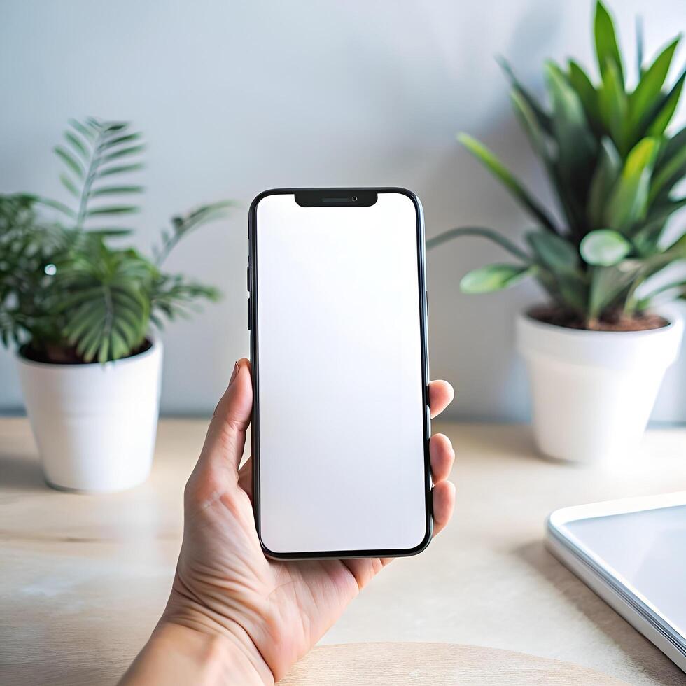 Smartphone mockup, using mobile phone with screen at home photo