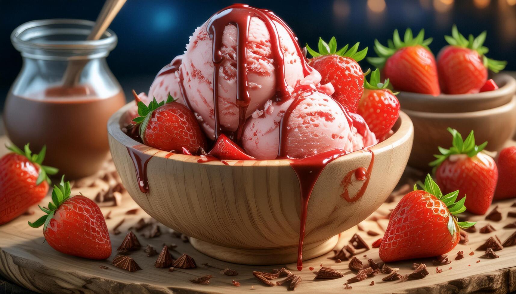 Ice cream with strawberries and chocolate photo