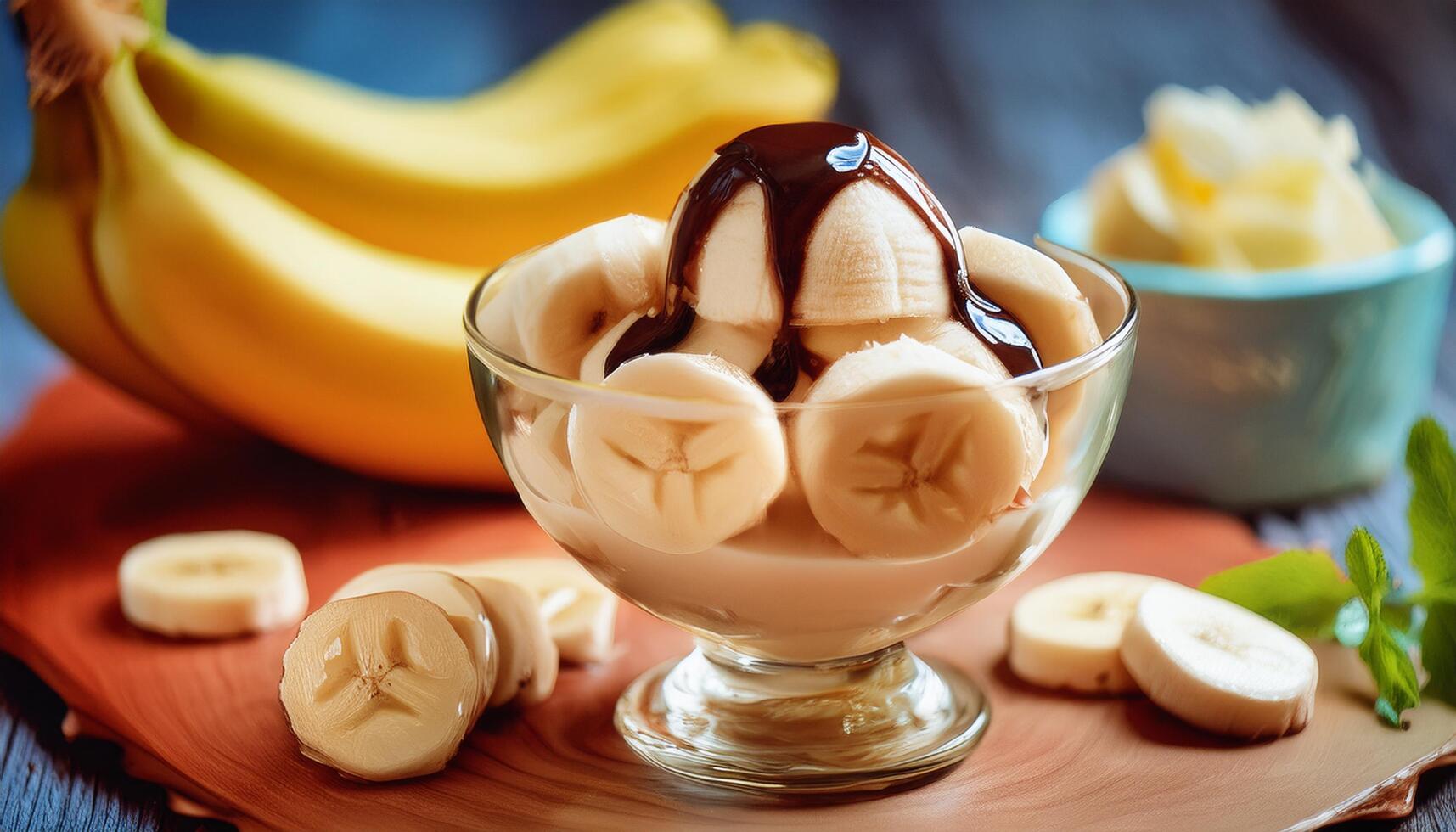Banana ice cream with chocolate sauce and bananas photo