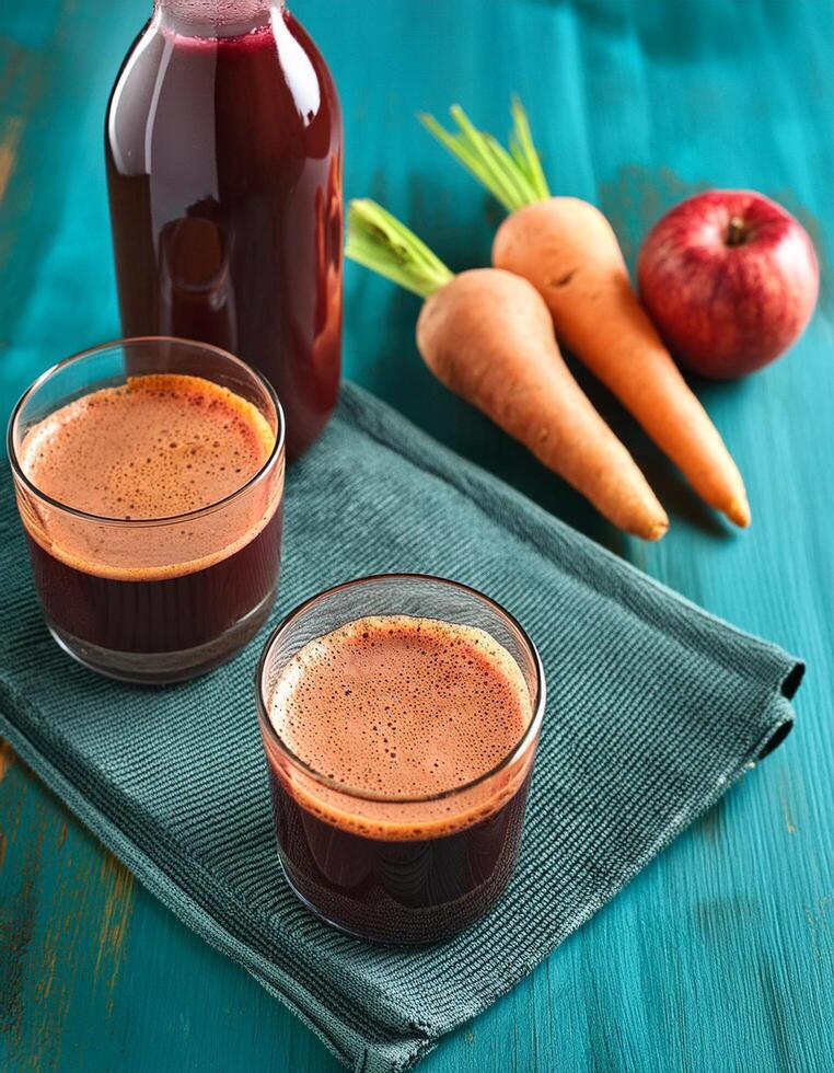 Two glasses of juice next to a bottle of juice photo