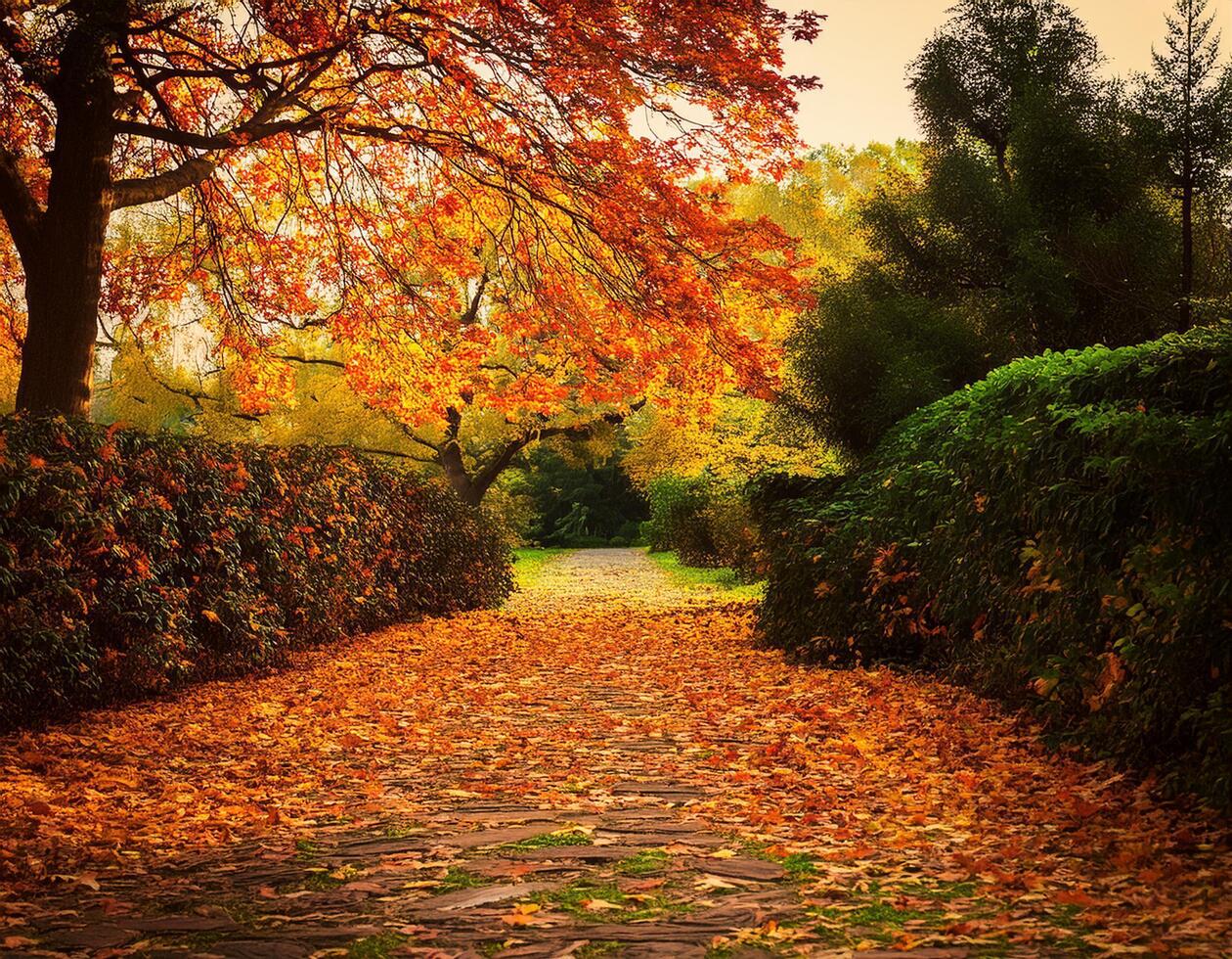 Autumn path in the park with autumn leaves photo