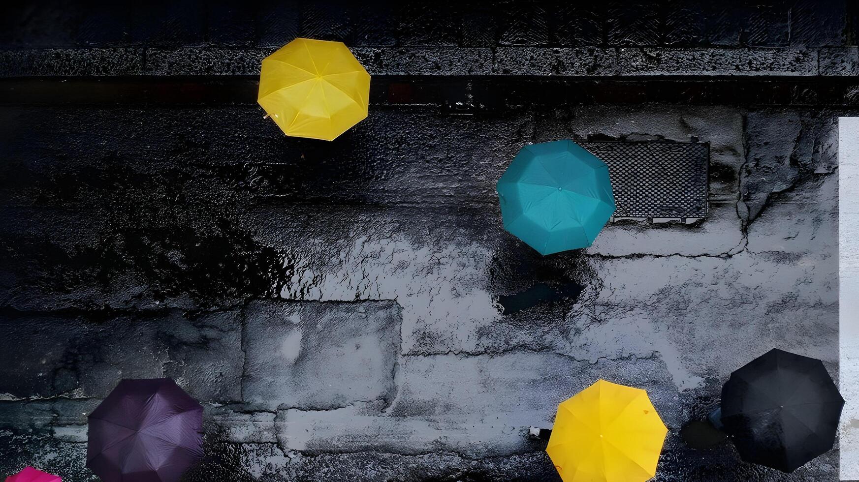 rain road with a group of colorful umbrellas photo