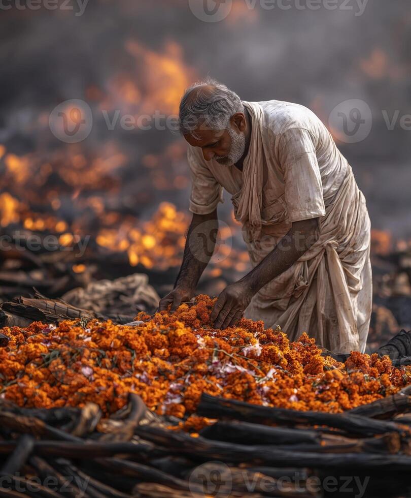 An Indian Man Placing Marigold Flowers on the Ground During a Traditional Ritual or photo