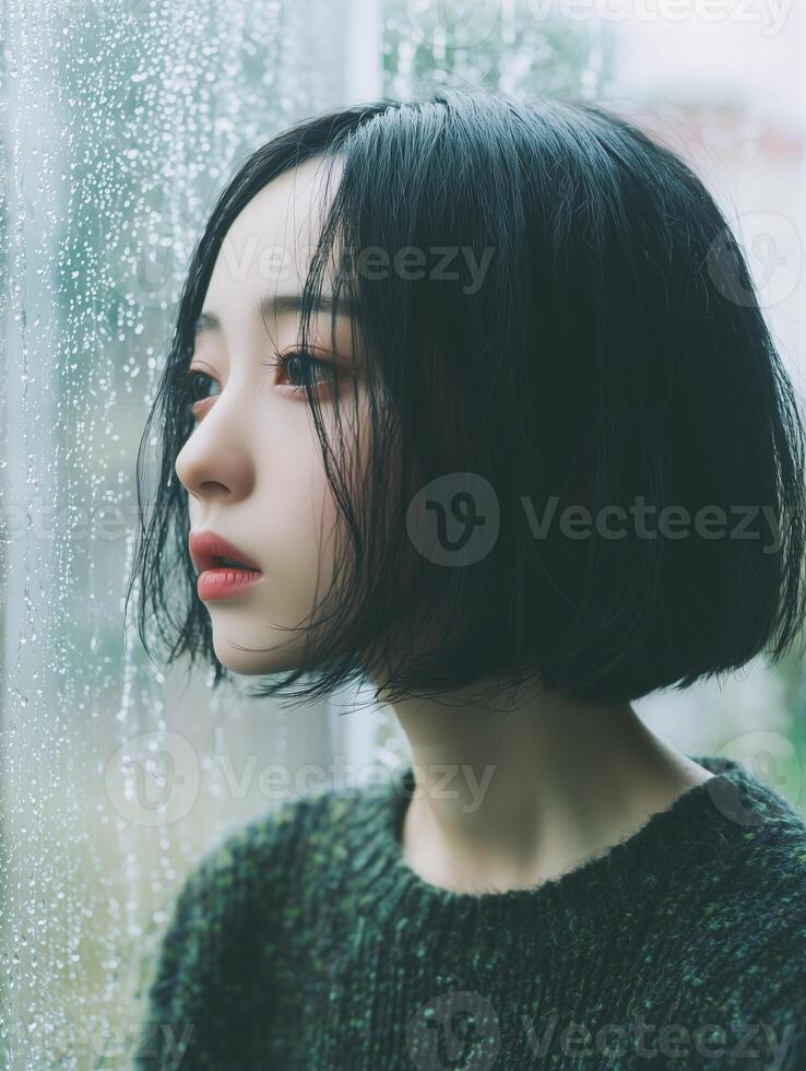 Pensive Asian Woman Looking Out Rainy Window with Thoughtful Expression photo