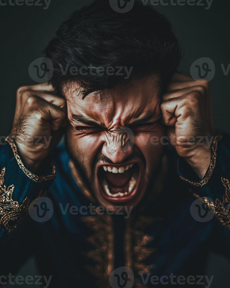 Intense Facial Expression of Fierce Emotion from Indian Man in Dramatic Lighting photo