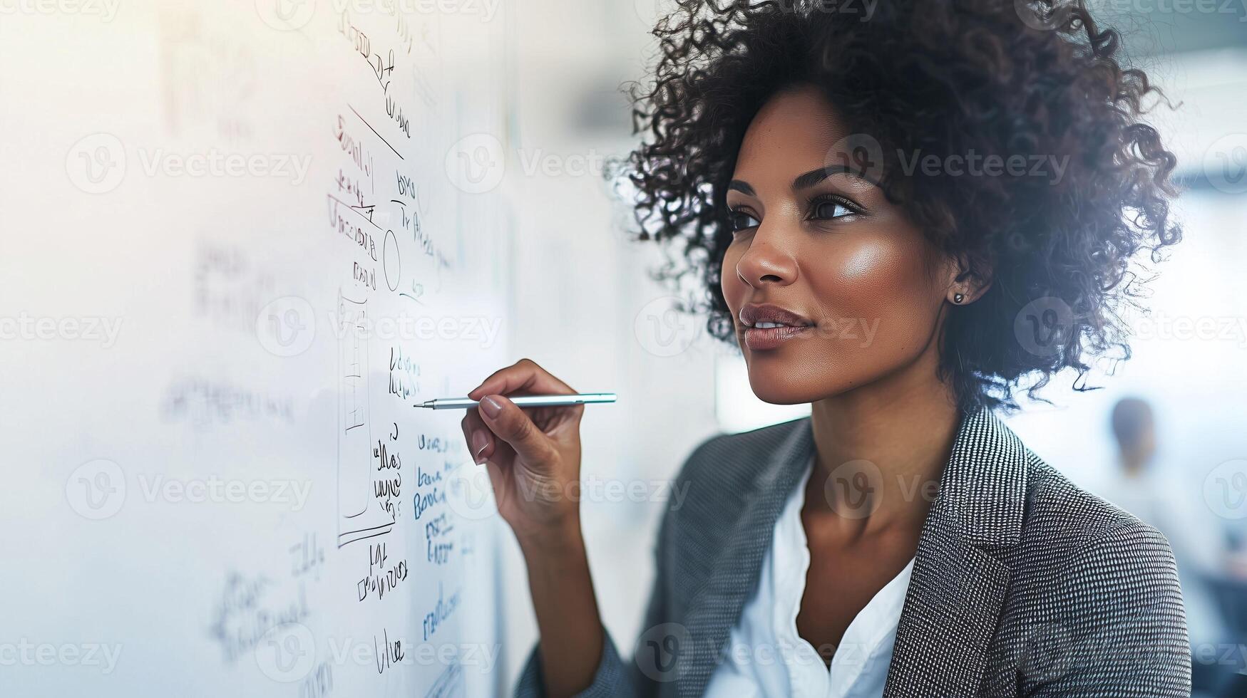 Focused Female Entrepreneur Brainstorming on Whiteboard in Office Workspace photo