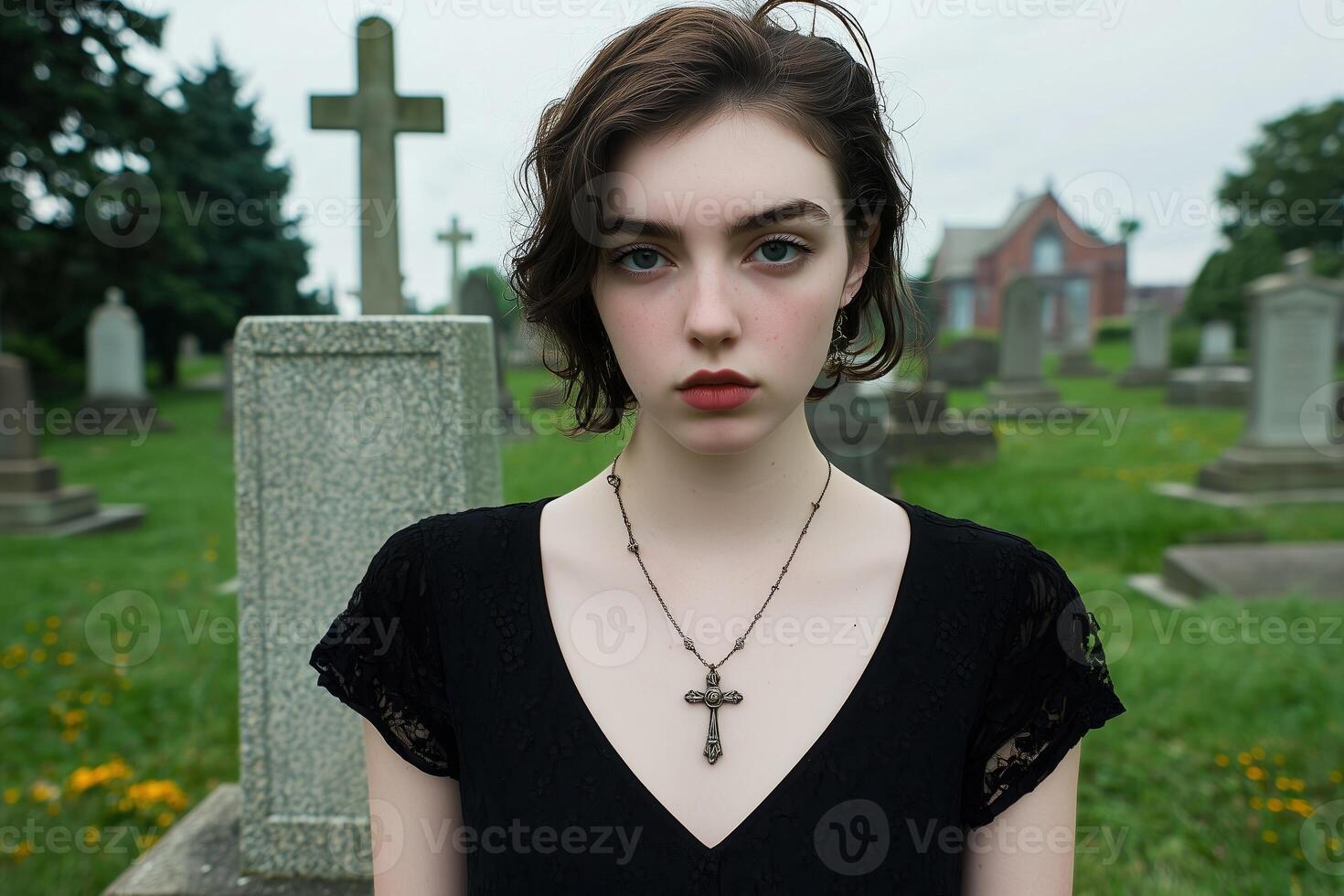 Moody Portrait of a Woman in a Graveyard with a Gothic Aesthetic photo