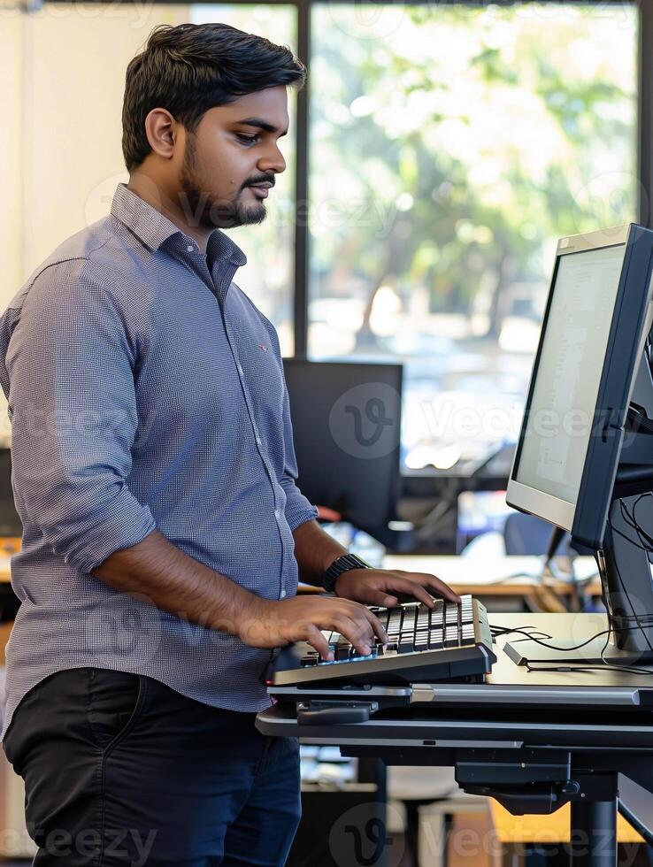 Concentrated Indian businessman working at computer in modern office environment photo