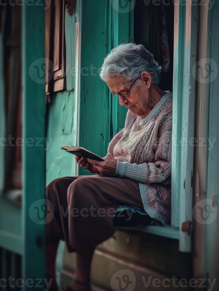 Elderly Woman Sitting on Porch Reading Book at Home photo