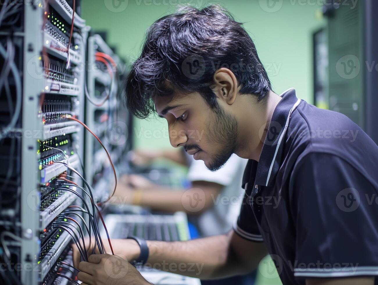 Indian Engineer Collaborating in Server Room with Technology Equipment photo