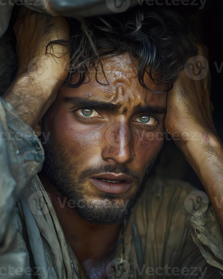 Rugged and Resolute Man with Intense Gaze Captures the Spirit of Adventure and photo