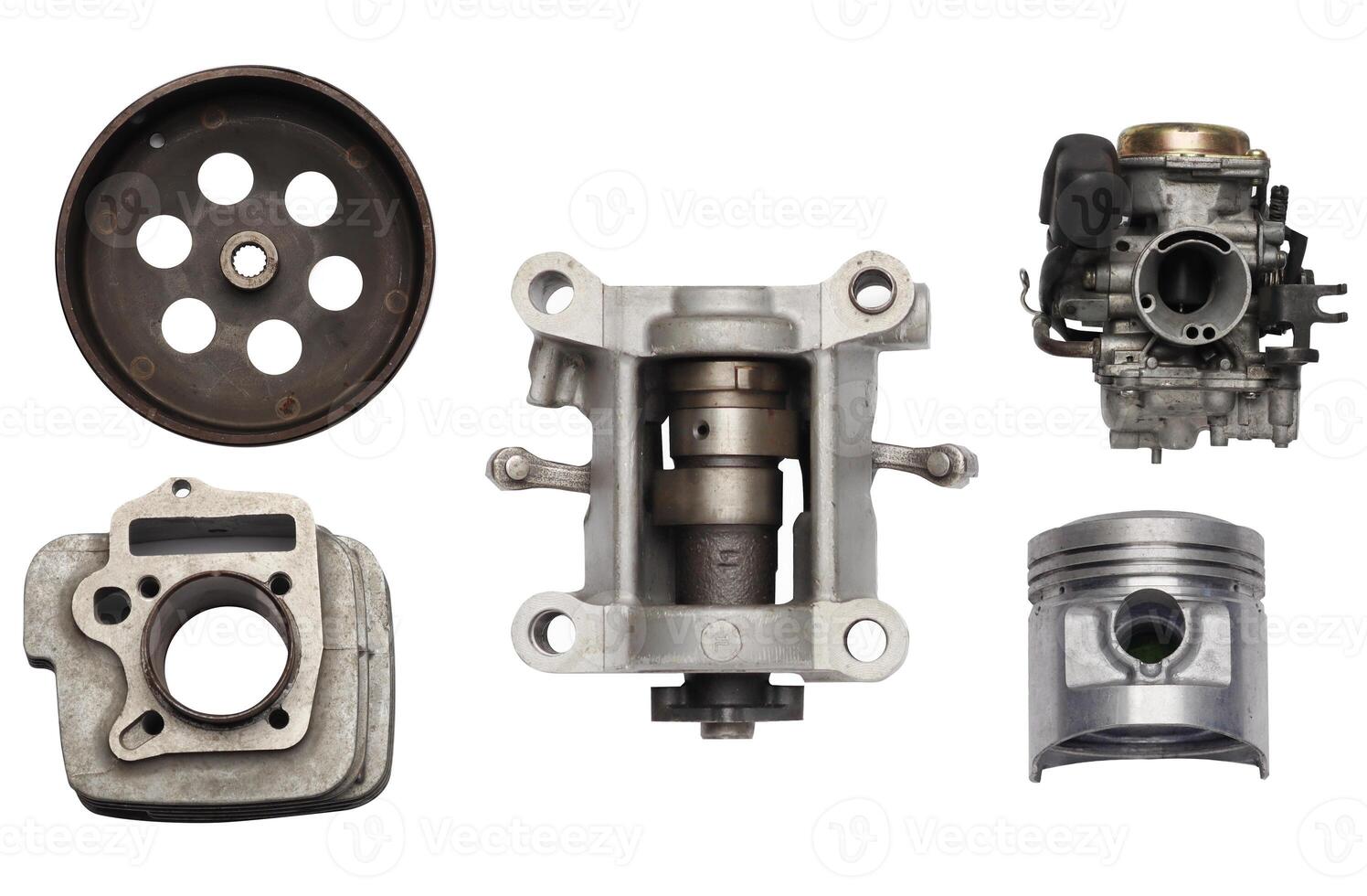 Spare parts of motorcycle scooter piston ,cylinder block, oil filter ,Valve and ball bearings on white background, Flat lay, photo