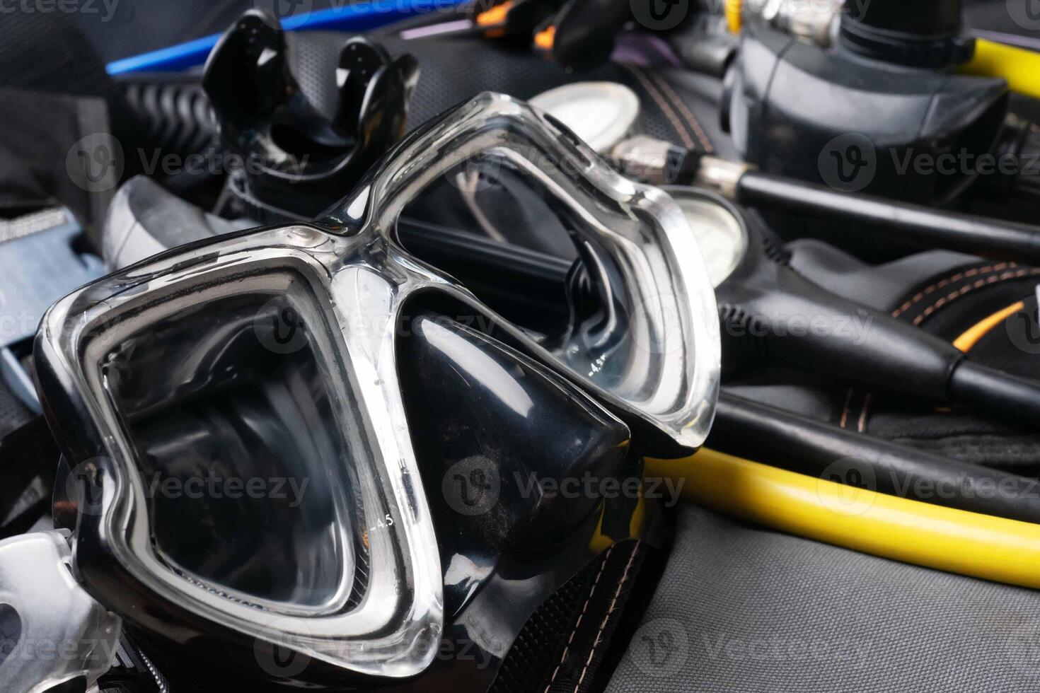 Scuba Gear for a Dive on a Boat, Scuba equipment Scuba Fins, Regulator Octopus, Depth Gauge , Balanced Regulator ,Power Inflator ,Dive Mask and Snorkel , Scuba Gear for a Dive on a Boat photo