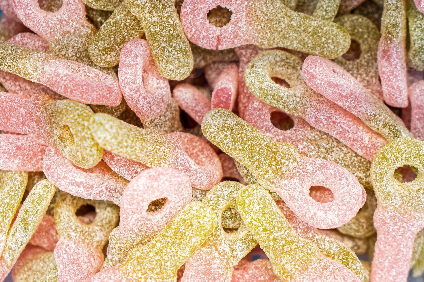 Assorted colorful gummy jelly candies. Top view. Jelly sweets. photo