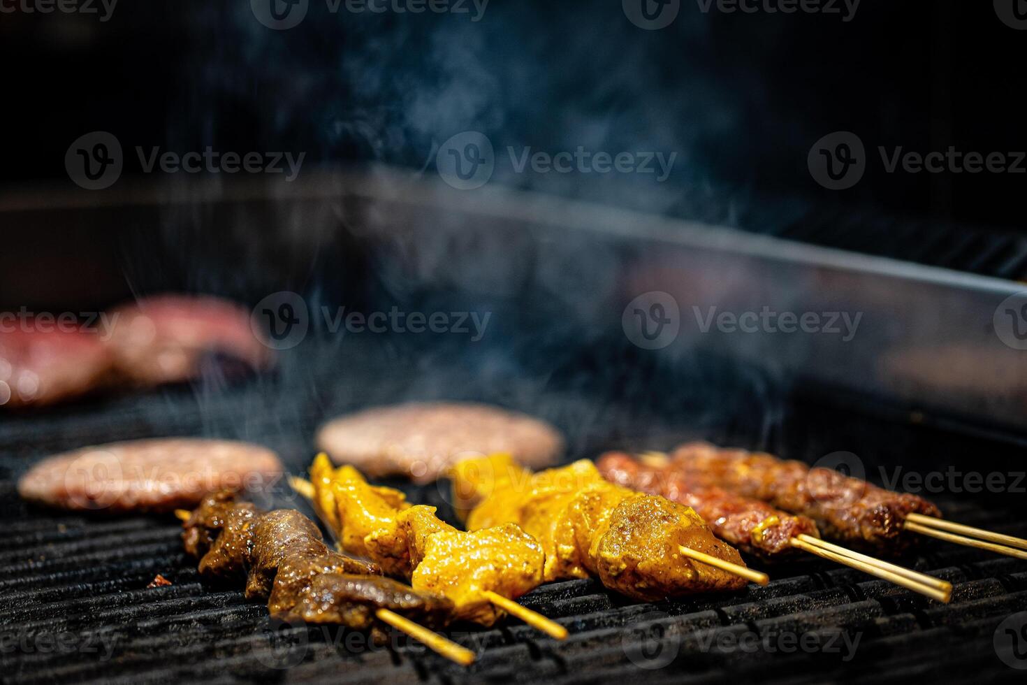 Grilled Kebab From Fresh Meat Pork Cooking On Metal Skewer Outdoors grill steak photo