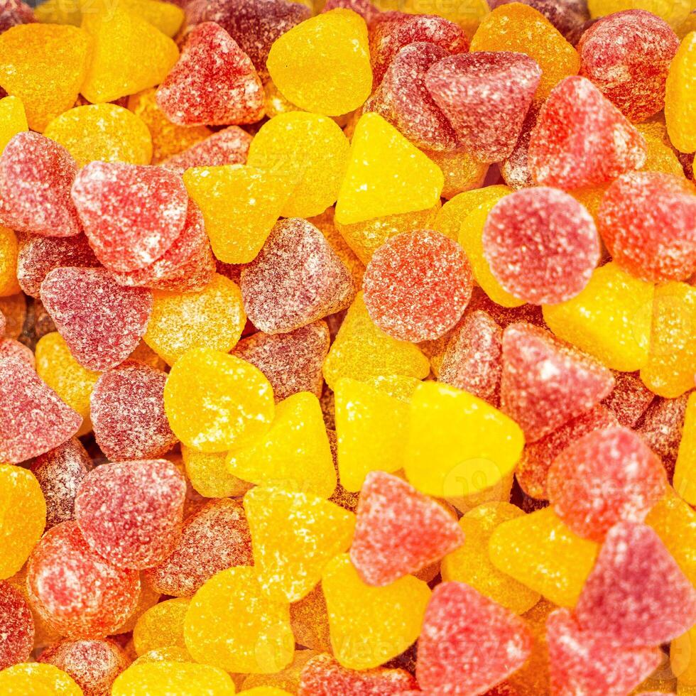 Assorted colorful gummy jelly candies. Top view. Jelly sweets. photo